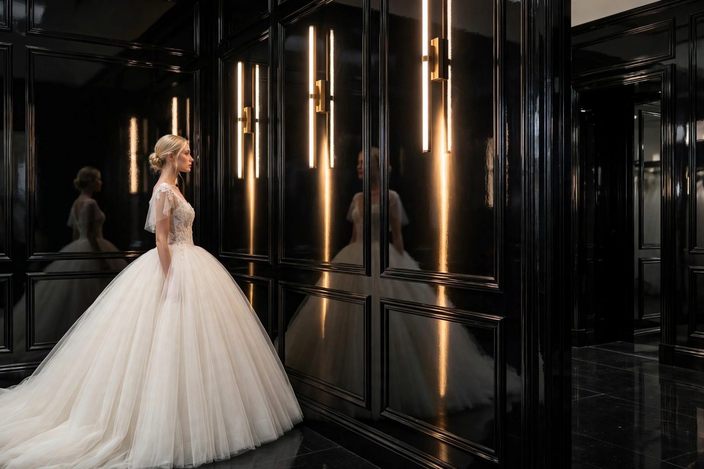 A blonde bride in an ivory ball gown reflected in glossy black lacquered paneled walls