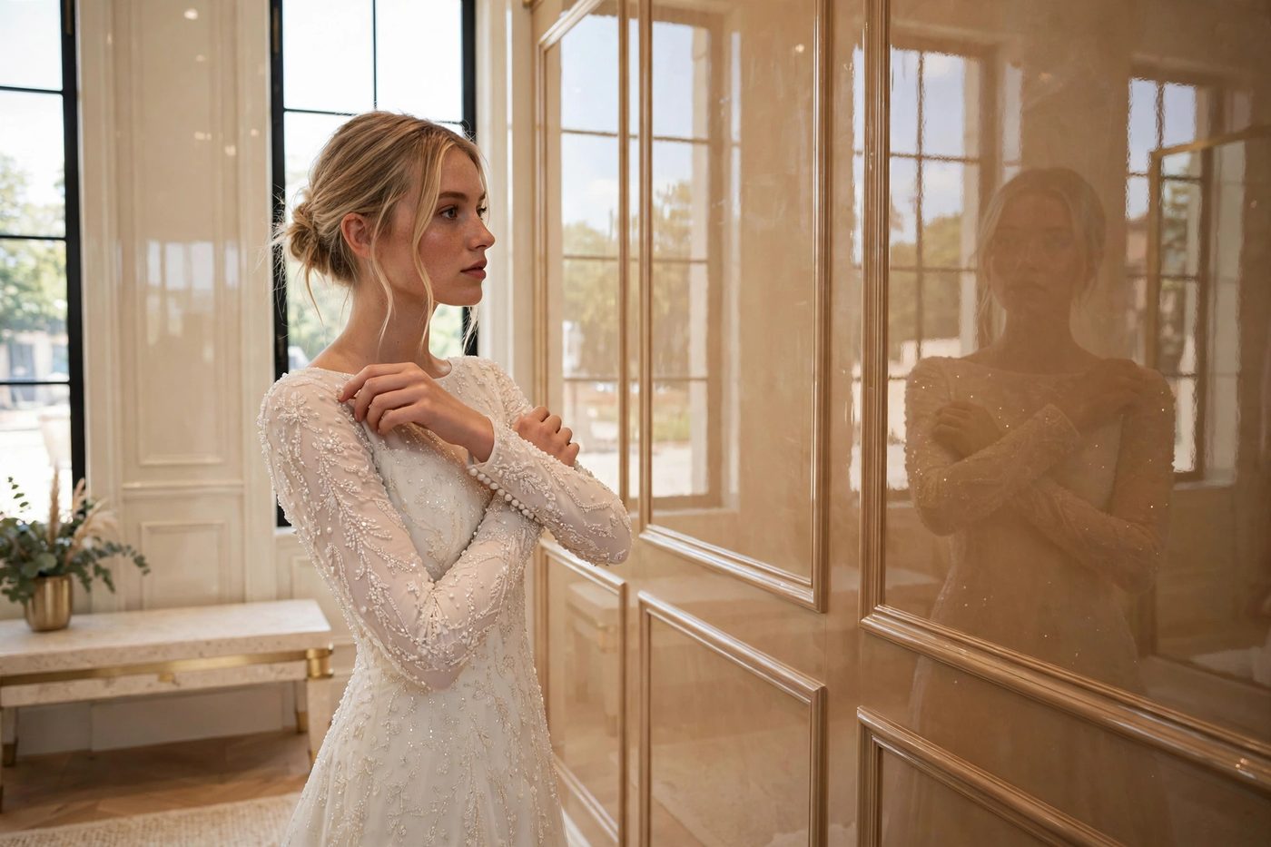 A blonde bride adjusting the beaded sleeve of her gown beside warm champagne mirror-gloss paneled walls