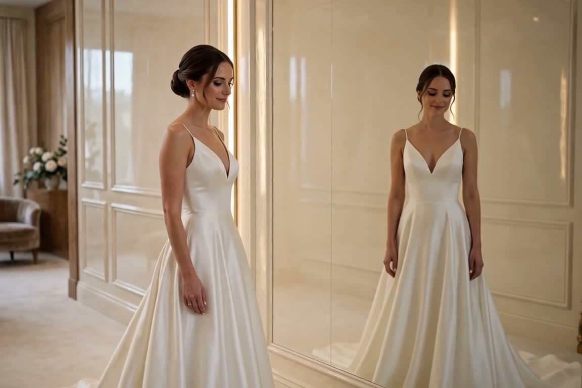 A bride admiring her gown, reflected in an ivory mirror-gloss painted wall