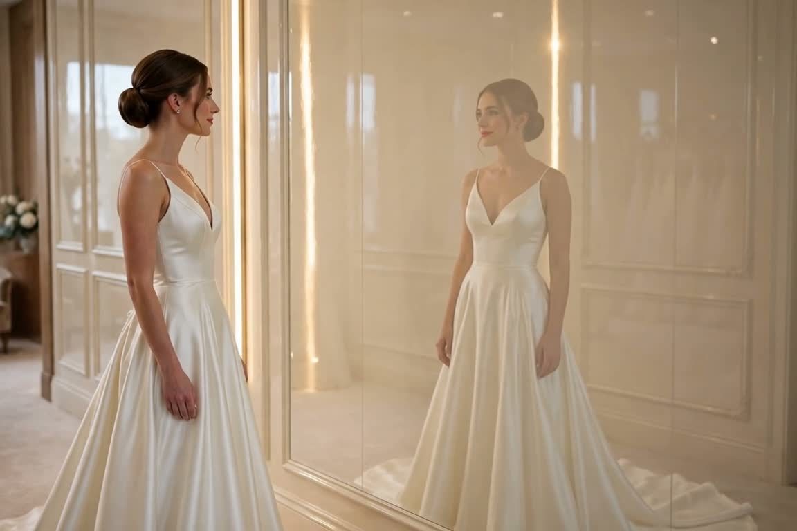 A wedding gown and tall light strip reflected in an ivory high-gloss painted wall, showing the depth of the finish