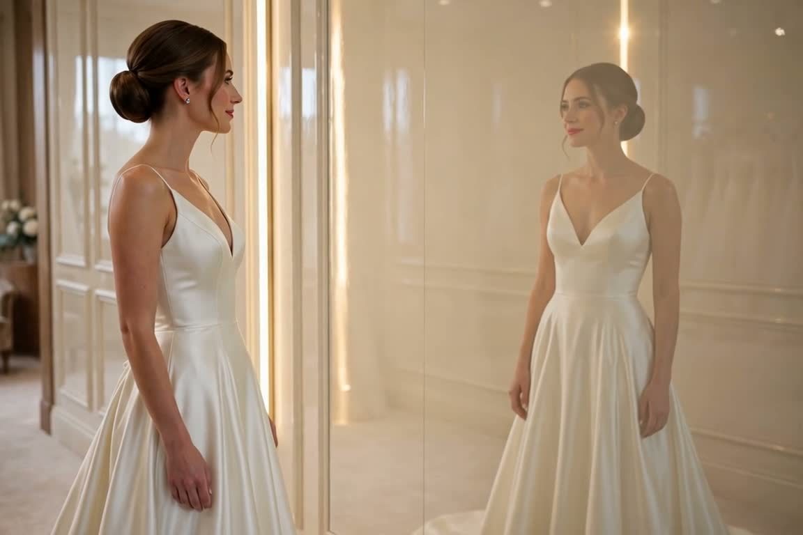 Close detail of a gown's reflection in glossy painted paneling and trim