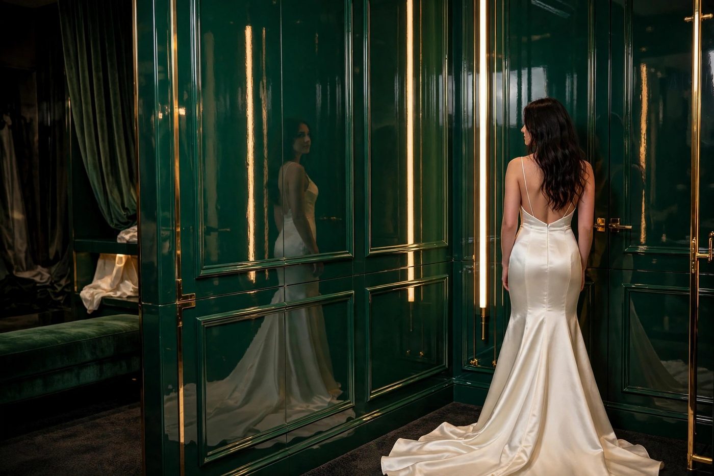 A bride in a satin mermaid gown before deep emerald mirror-gloss paneled walls, her train reflected in the finish