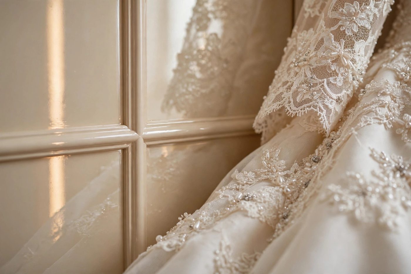 Close-up of lace and beading on a wedding gown, reflected in an ivory mirror-gloss painted panel