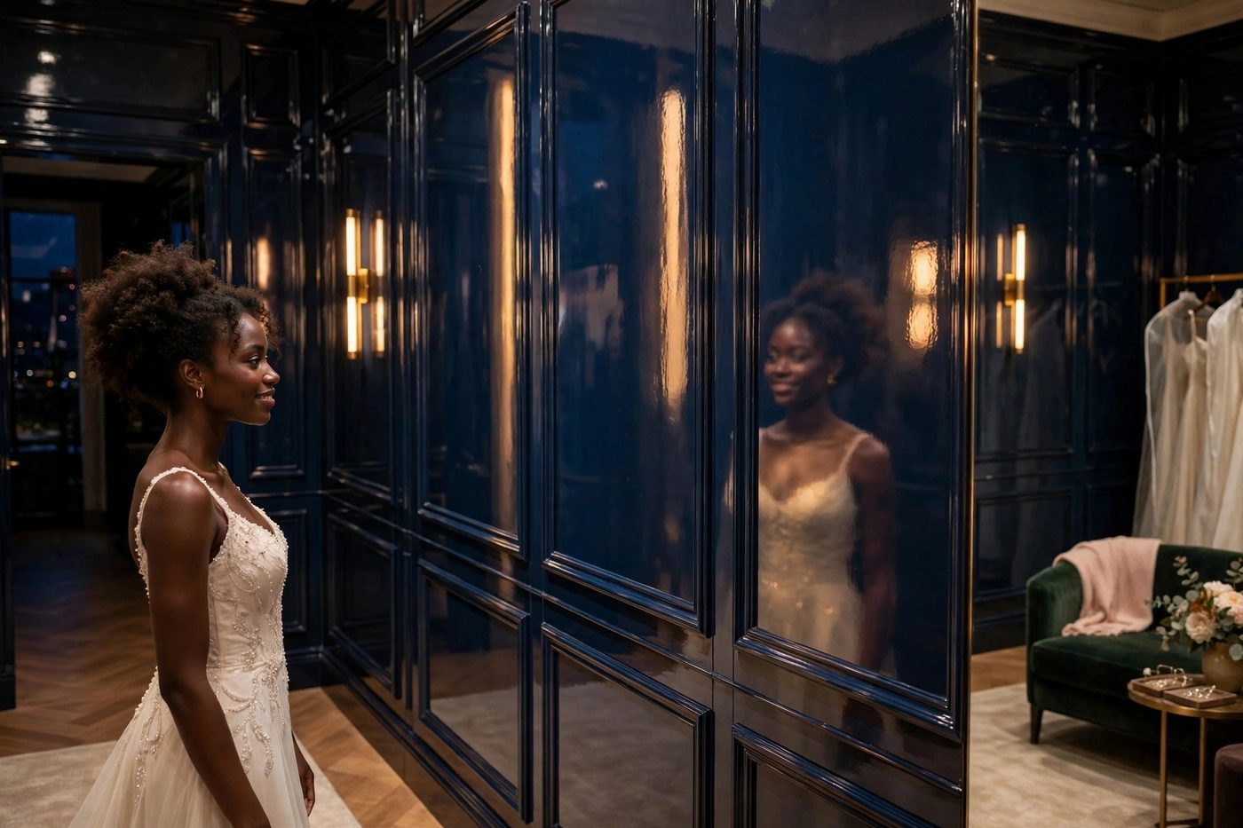 A bride in a beaded gown smiling at her reflection in midnight-blue mirror-gloss paneled walls