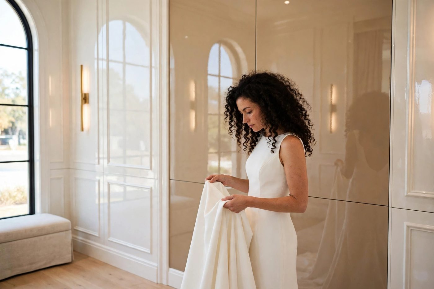 A bride with dark curly hair examining the drape of her crepe gown in a bright pearl-white mirror-gloss suite with arched windows