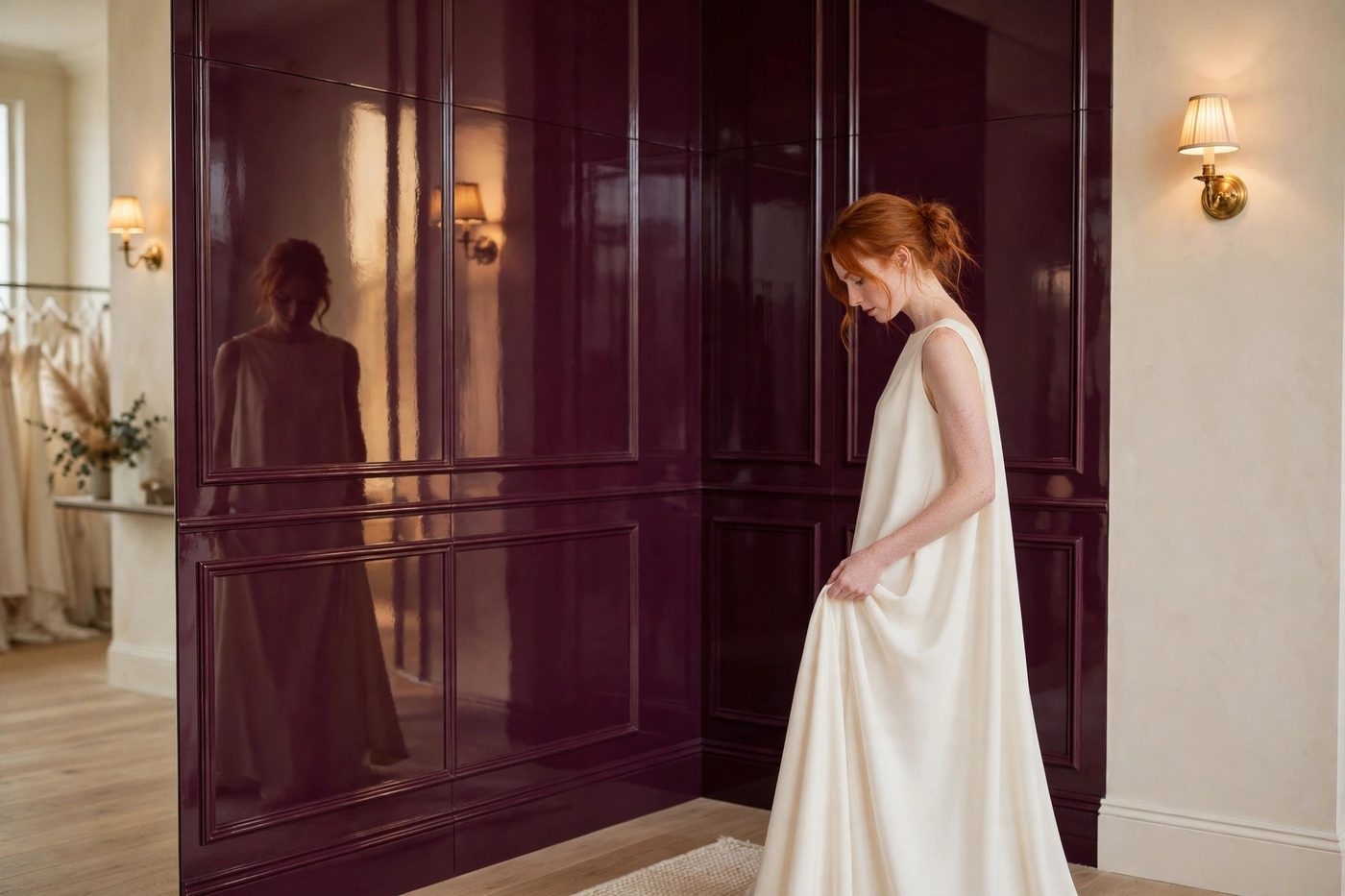 A red-haired bride in a minimalist crepe gown before a deep plum mirror-gloss feature wall