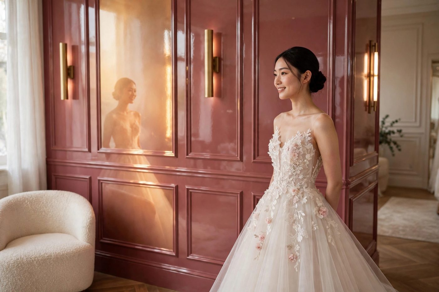 A bride in a tulle gown with floral applique, smiling at her reflection in dusty-rose mirror-gloss paneled walls