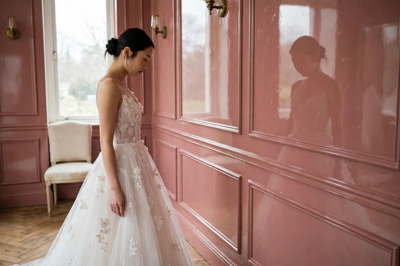 A bride in a tulle gown with floral applique looking down at her skirt beside dusty-rose high-gloss paneled walls, her reflection soft in the lacquer