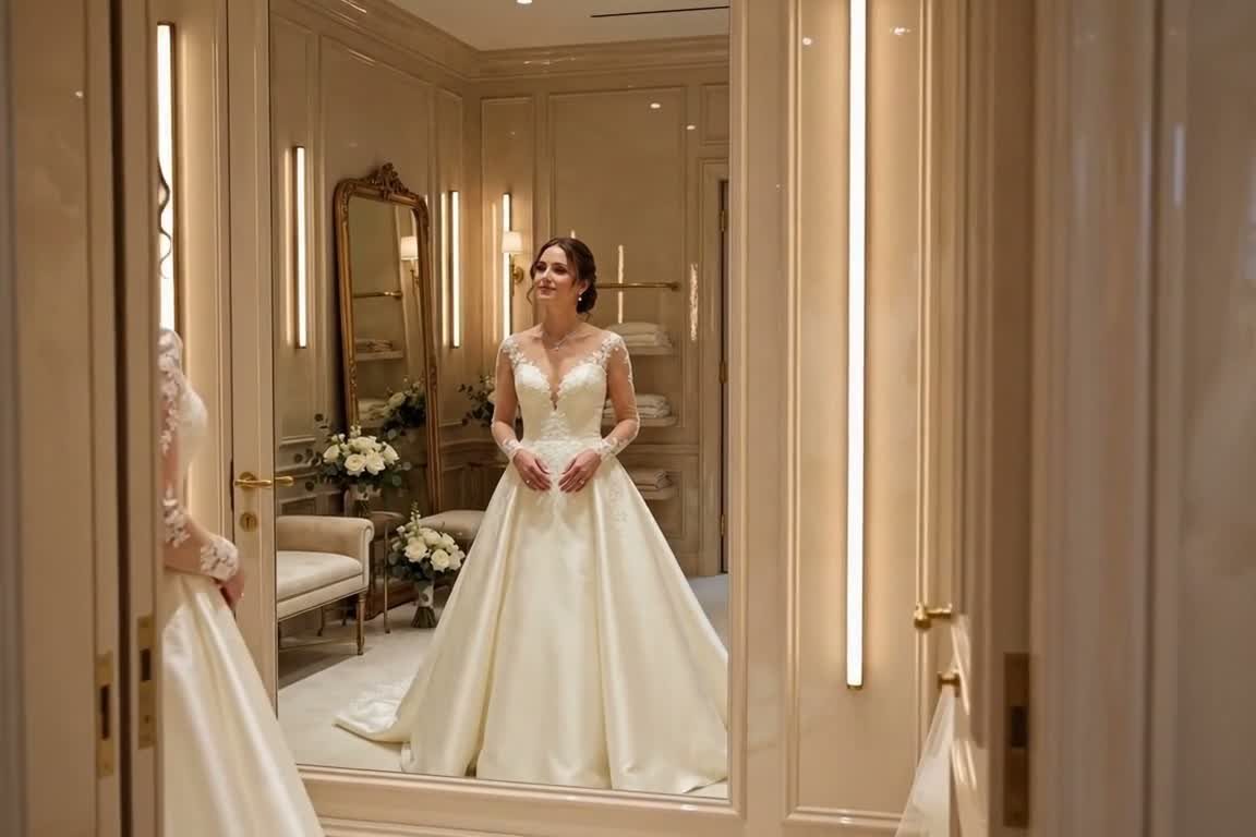 A bride in a lace-sleeve gown in a second fitting suite finished in the same mirror-gloss system