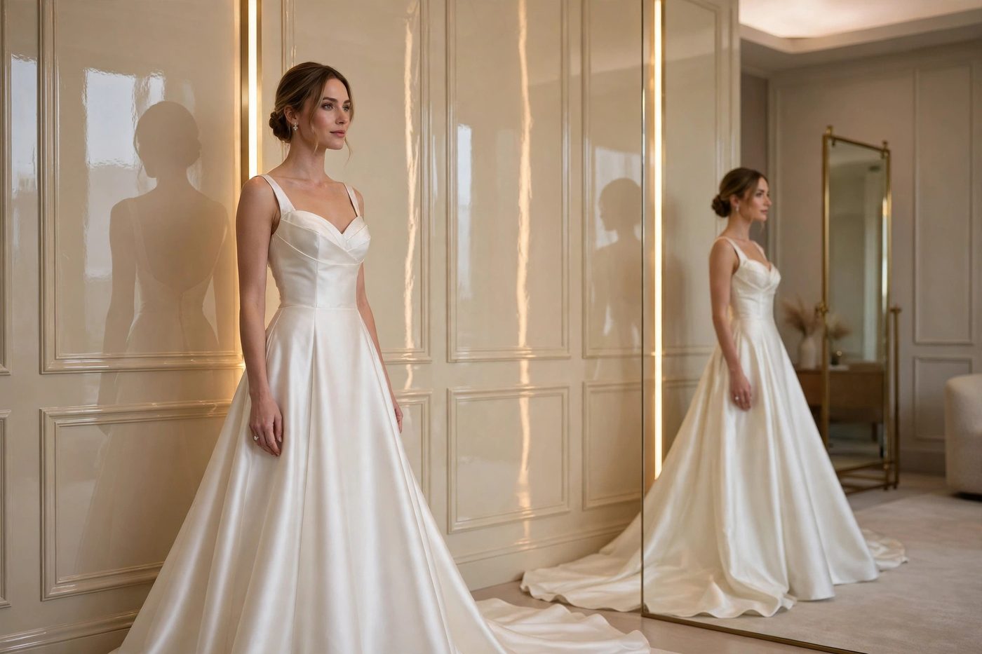 A complete fitting suite in ivory mirror-gloss with a full-length mirror
