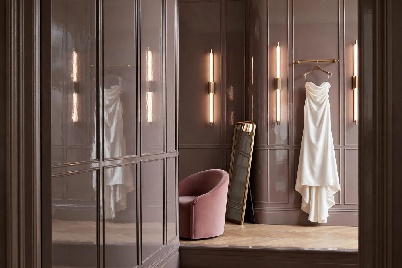 An empty fitting room viewed from the doorway, sophisticated taupe mirror-gloss walls reflecting a gown on a brass rail